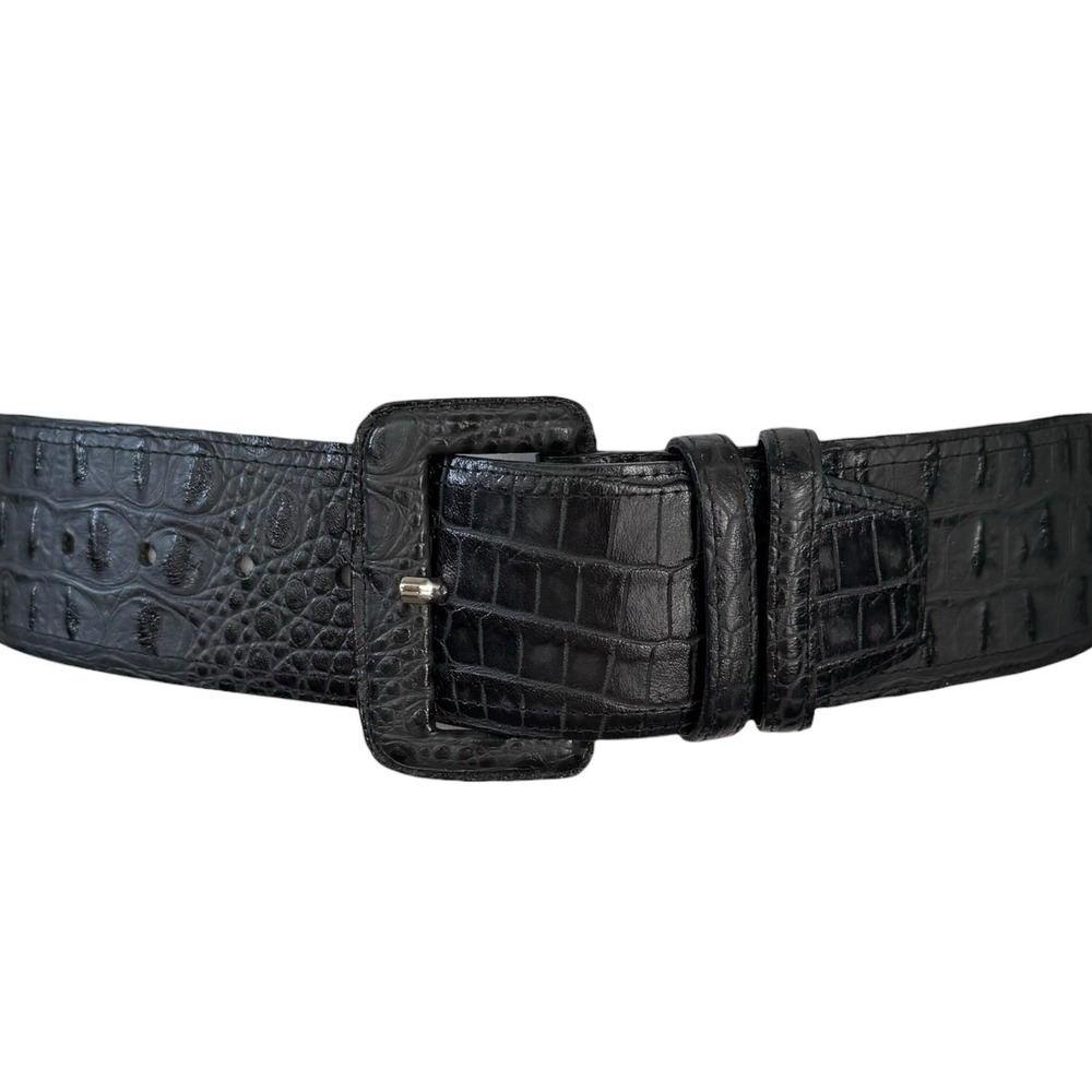 VTG 80s 90s Carlisle Leather Croc Embossed Sz 8 Wide Statement Belt Black USA